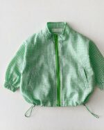 Blouson ample fille, coloré, pour l'été, style bomber, fabriqué en coton, blouson à carreaux, confortable, col rond, avec élastique de serrage en bas du blouson, de couleur verte