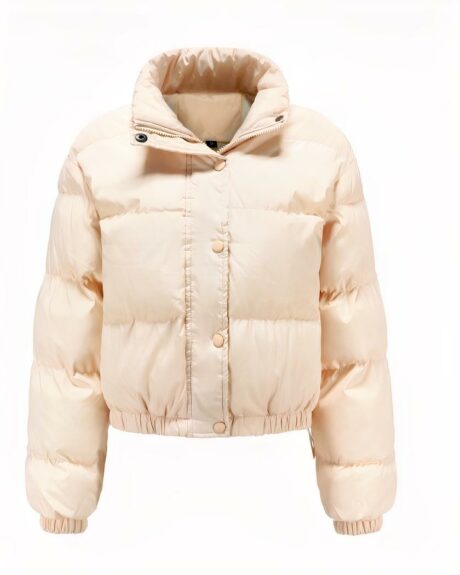 Blouson bomber femme molletonné court beige, présenté sur fond blanc
