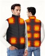 Blouson chauffant électrique usb sans manches pour homme porté par un homme sur fond blanc