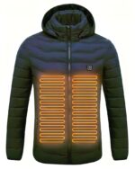 Blouson chauffant femme doudoune à capuche noir présenté sur fond blanc, avec les zones chauffantes en rouge