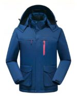 Blouson chauffant femme imperméable avec capuche recharge USB bleu présenté sur fond blanc