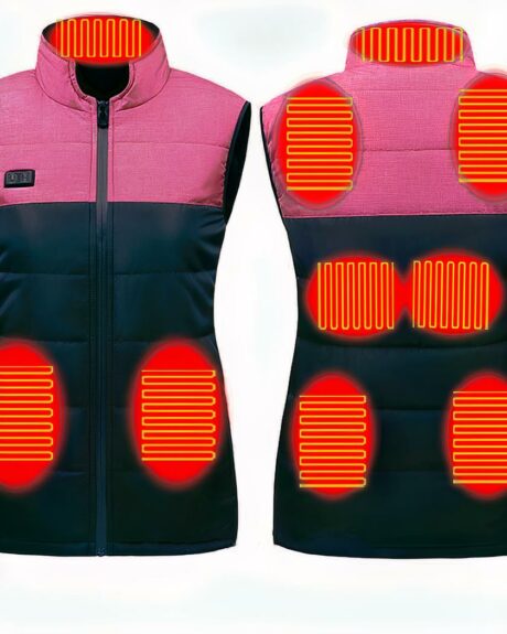Blouson chauffant femme sans manches col montant rose et noir avec zones chauffantes marquées en rouge