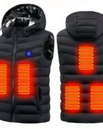 Blouson chauffant femme sans manche et avec capuche présenté de face et de dos sur fond blanc