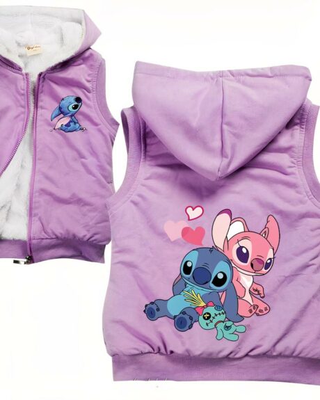 Blouson chauffant violet pour fille, sans manche à capuche, avec personnage stitch à l'arrière