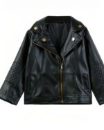 Blouson cuir fille, court, pour la mi-saison, style perfecto, avec fermeture à glissière, de couleur noir