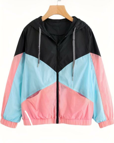 Blouson d'été, coupe-vent à manches longues pour femme, multicolore avec du noir, du rose et du turquoise, avec une capuche