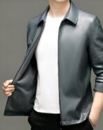 Blouson d'hiver en cuir de peau de mouton à col rabattu pour homme
