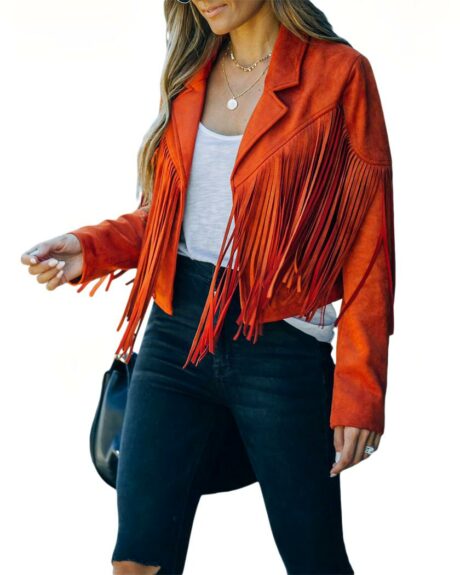 Blouson imitation daim femme court cintré à franges longues