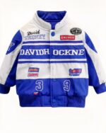 Un blouson de moto pour enfant bleu et blanc sur fond blanc.