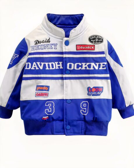 Un blouson de moto pour enfant bleu et blanc sur fond blanc.