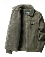 Blouson laine homme, chaud et doux, couleur vert kaki, col à rabat, boutonnage simple