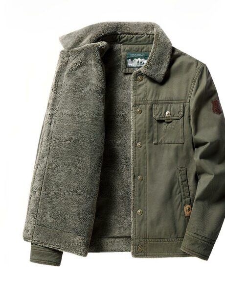 Blouson laine homme, chaud et doux, couleur vert kaki, col à rabat, boutonnage simple