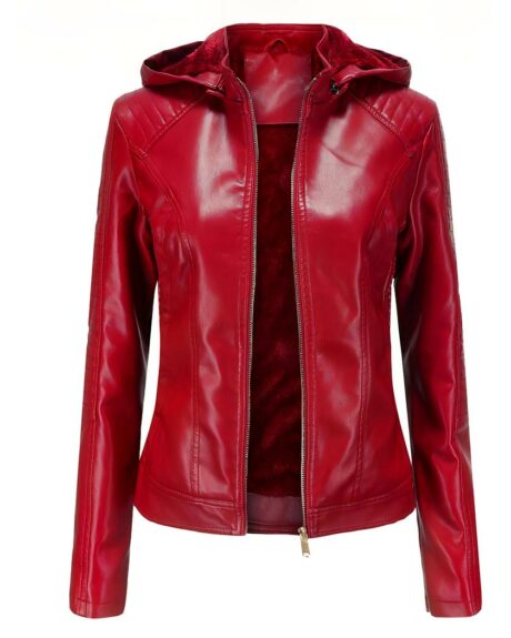 Blouson moto femme, à capuche, fermeture à glissière, en similicuir, de couleur rouge