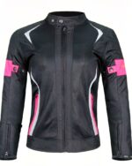 Blouson moto femme cintré noir et rose présenté sur fond blanc