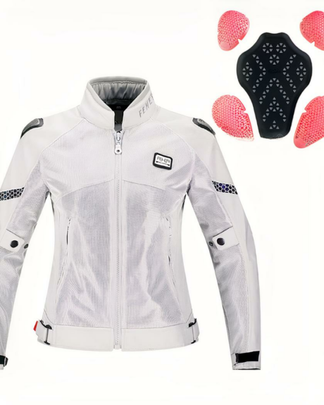 Blouson moto femme en maille respirante, présenté sur fond blanc