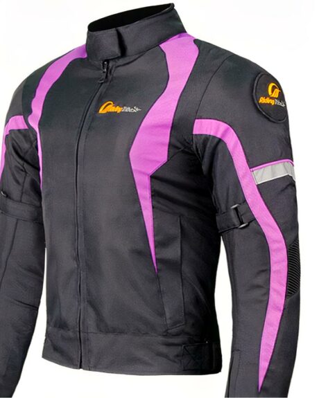 Blouson moto femme noir eta rose présenté sur fond blanc