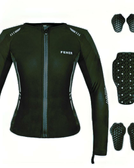 Blouson moto femme souple noire et moulante noir présenté sur fond blanc