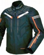 Un blouson noir de moto pour homme avec bandes rouges sur fond blanc