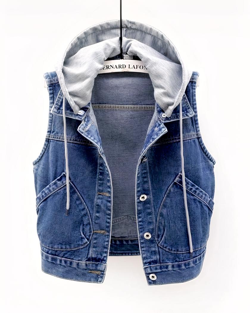 Blouson sans manche femme en jean avec capuche sweat • Mon Blouson