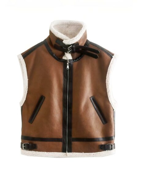 Blouson sans manche femme fourré marron présenté sur fond blanc