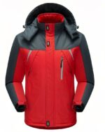 Blouson ski homme, imperméable et coupe-vent avec capuche, de couleur rouge et noir, avec fermeture à glissière