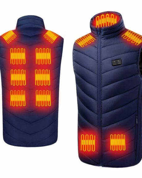 Un blouson chauffant bleu vu des deux fasses devant et de dos avec des zones montrant la chaleur