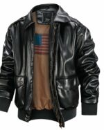 blouson aviateur homme en simili cuir avec un col remonté sur un fond blanc