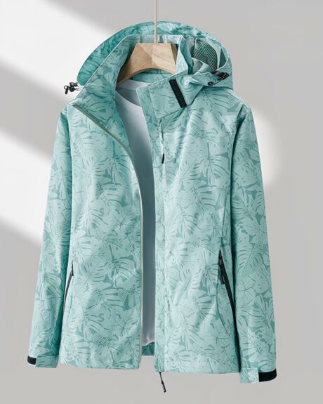 Blouson imperméable bleu à motif végétal pour femme avec capuche