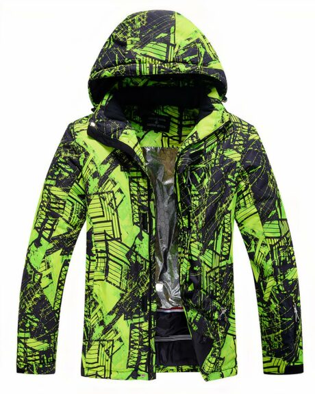 Un blouson ski à capuche jaune fluo et noir pour homme sur un fond blanc