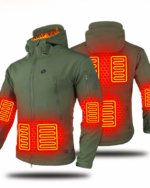 Blouson chauffant kaki pour homme vu de devant et derrière avec zones rouges pour montrer les parties chauffantes