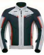 Un blouson moto homme blanc noir avec des bandes rouges sur un fond blanc