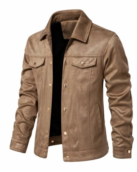 Blouson style daim beige pour homme avec col rabattu sur fond blanc