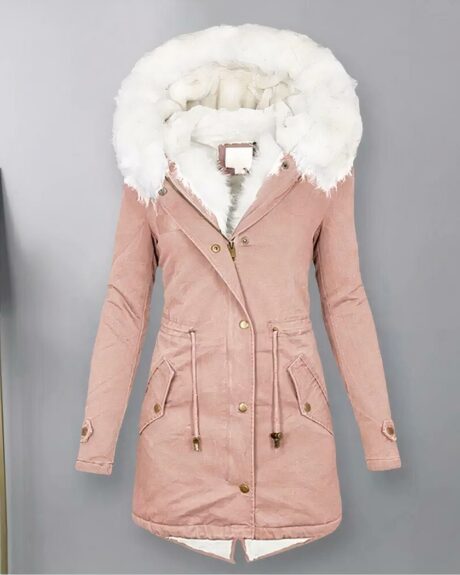 Blouson fourré rose avec intérieur blanc et taille ajustable sur un fond gris