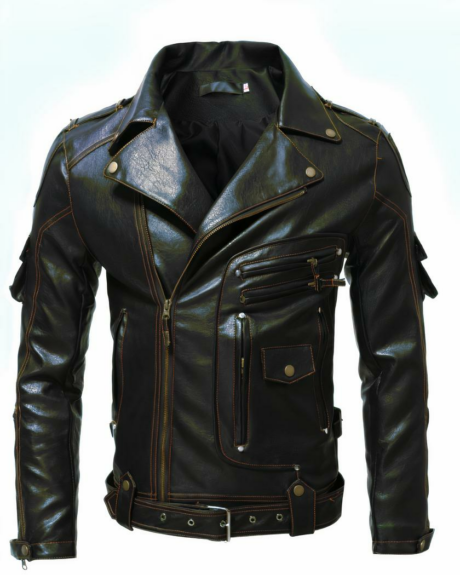 Blouson vintage pour homme en simili cuir multi-poches sur un fond blanc