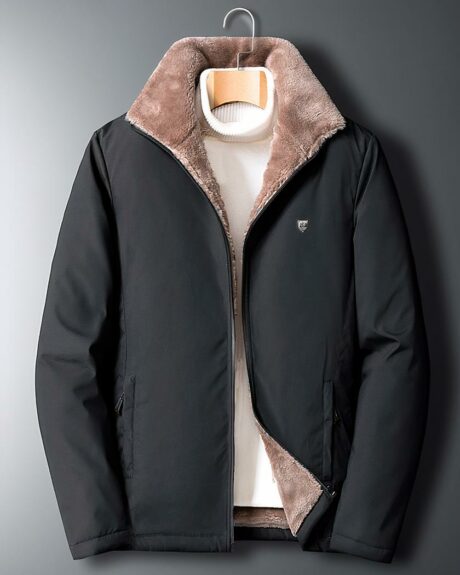 Blouson noir fourré pour homme avec col montant