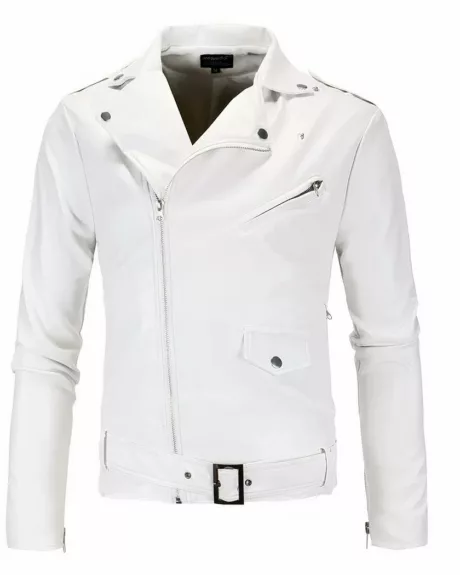 Blouson en simili cuir blanc pour homme sur un fond blanc