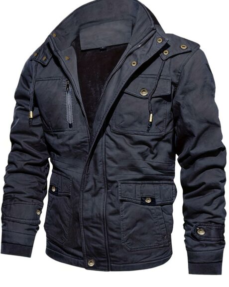 Blouson fourrée à capuche bleu pour homme sur fond blanc