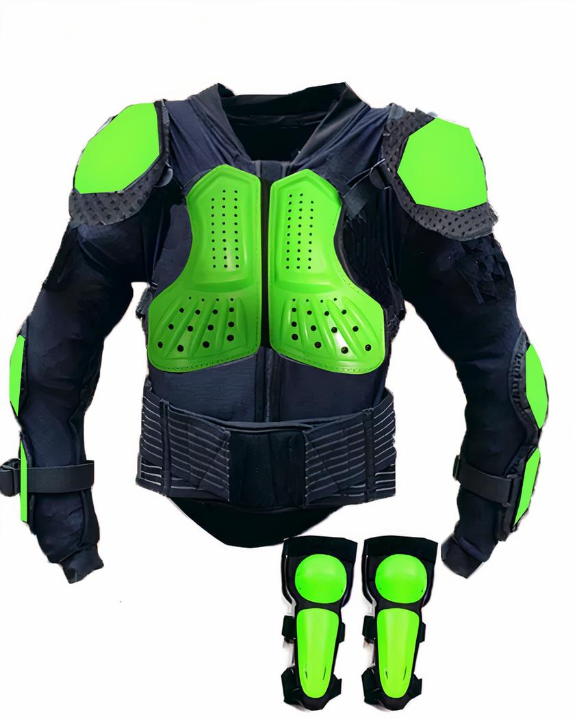 Blouson de moto avec protections de sécurité pour enfant de couleur noir avec les protections en plastiques vert fluo sur les avant-bras, les coudes, les épaules et le buste. En dessous, des protections pour les genoux et les tibias sont visibles en noir et vert fluo. Sur fond blanc.
