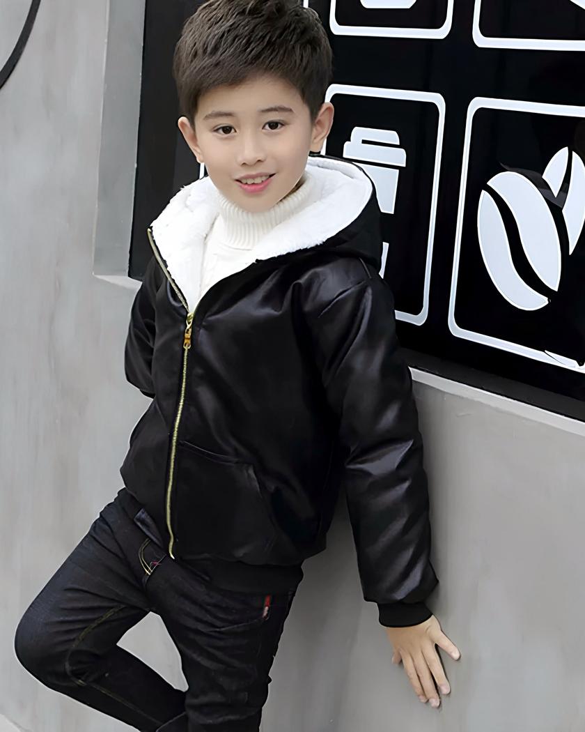 Blouson en simili cuir fourré avec capuche pour garçon • Mon Blouson