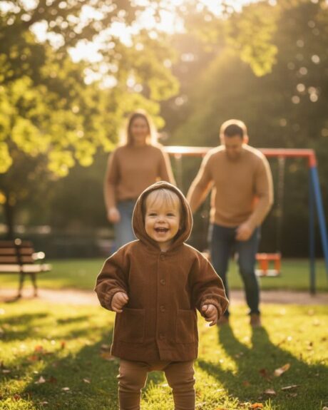 Blouson en velours côtelé pour bébé marron porté par un petit garçon qui est au parc avec ses parents