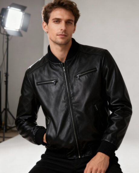 Un homme caucasien brun portant un blouson aviateur homme noir à col teddy, dans un studio de photo avec un spotlight visible dans le fond.