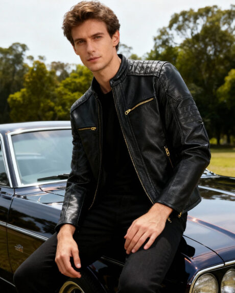 Un homme caucasien, brun, portant un blouson moto homme en cuir vintage et col montant orné de poches à fermetures éclaires dorées. Il s'appuie sur une muscle car type Ford Mustang, des arbres en arrière plan.