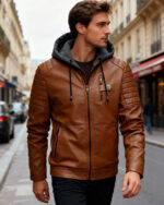 Une homme caucasien brun aux cheveux courts, portant un blouson simili cuir homme à capuche amovible de couleur marron, marchant dans les rues d'une ville au look européen.