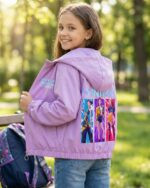 Une jeune fille de dos portant un blouson enfant Kpop Demon Hunters Huntrix de couleur violette avec une grande illustration de personnages animés au dos, dans un parc verdoyant et ensoleillé avec des arbres en arrière-plan.