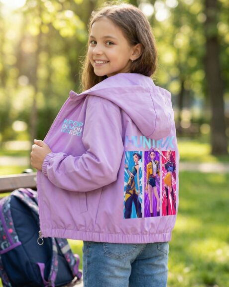 Une jeune fille de dos portant un blouson enfant Kpop Demon Hunters Huntrix de couleur violette avec une grande illustration de personnages animés au dos, dans un parc verdoyant et ensoleillé avec des arbres en arrière-plan.