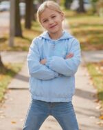 Une jeune fille souriante portant un blouson enfant Kpop Demon Hunters Huntrix et Derpy de couleur bleu clair, posant les bras croisés sur un trottoir bordé d'arbres et de feuilles d'automne.