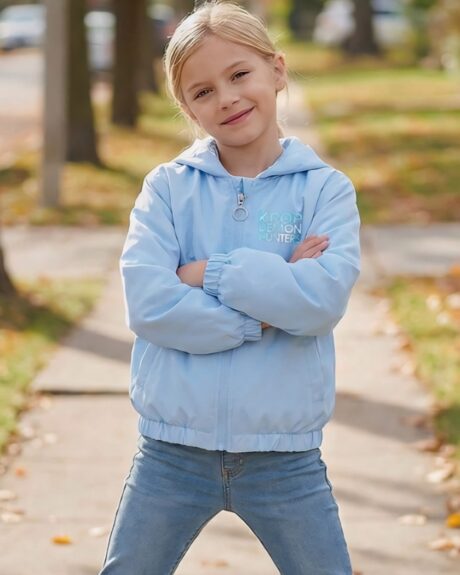 Une jeune fille souriante portant un blouson enfant Kpop Demon Hunters Huntrix et Derpy de couleur bleu clair, posant les bras croisés sur un trottoir bordé d'arbres et de feuilles d'automne.