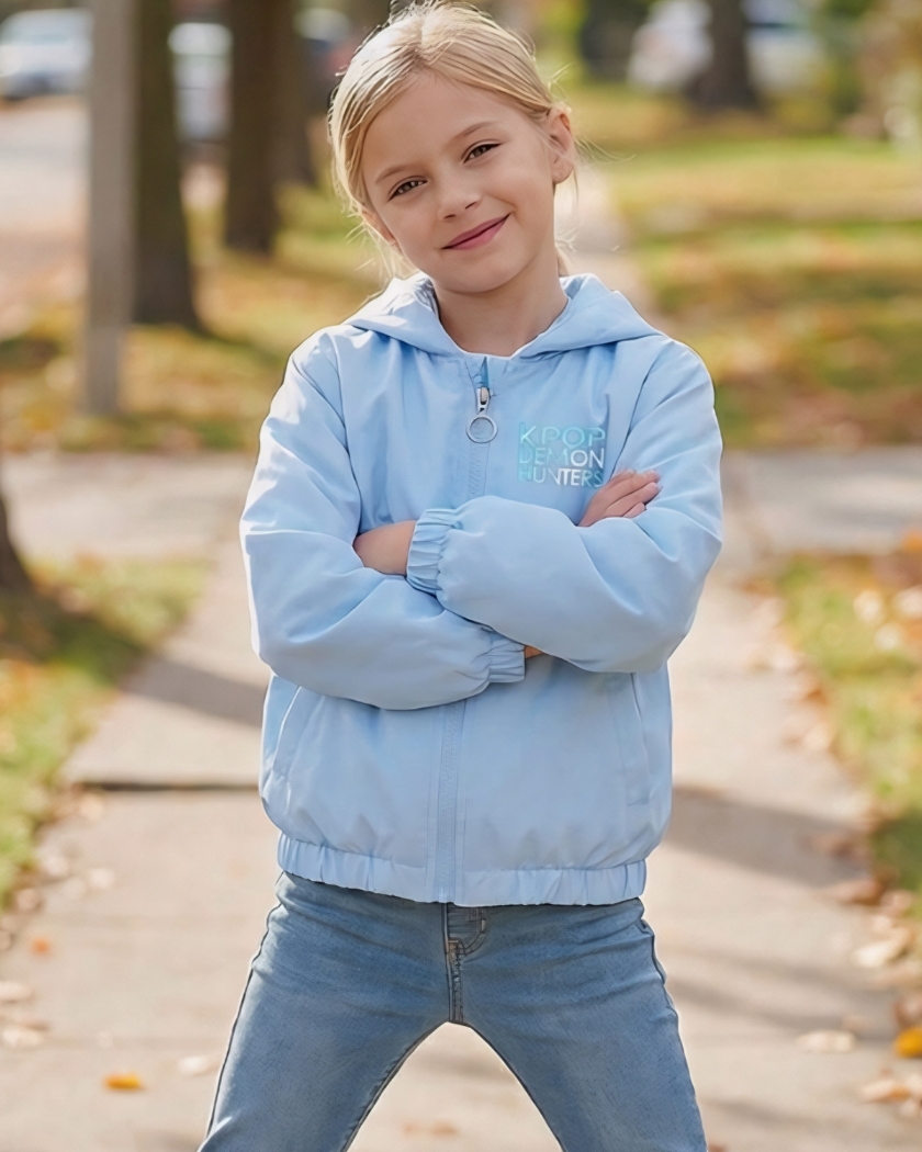 Une jeune fille souriante portant un blouson enfant Kpop Demon Hunters Huntrix et Derpy de couleur bleu clair, posant les bras croisés sur un trottoir bordé d'arbres et de feuilles d'automne.
