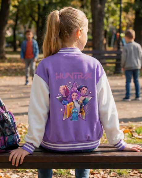 Une jeune fille porte un Blouson teddy enfant Kpop Demon Hunters violet avec des manches blanches et une illustration de personnages de manga au dos, assise sur un banc.