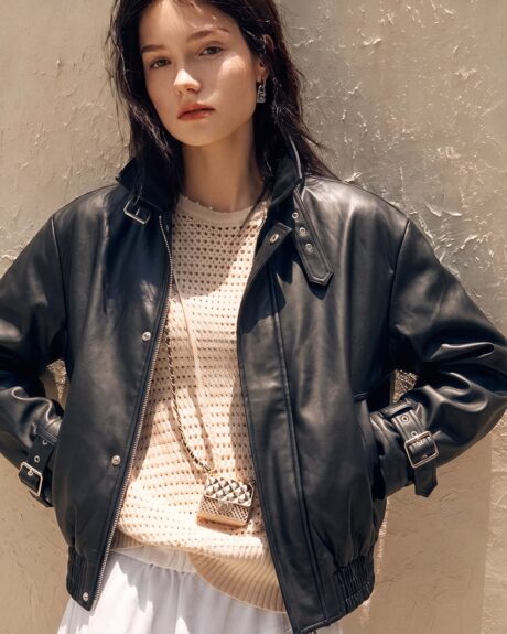 Blouson simili cuir noir femme à col montant